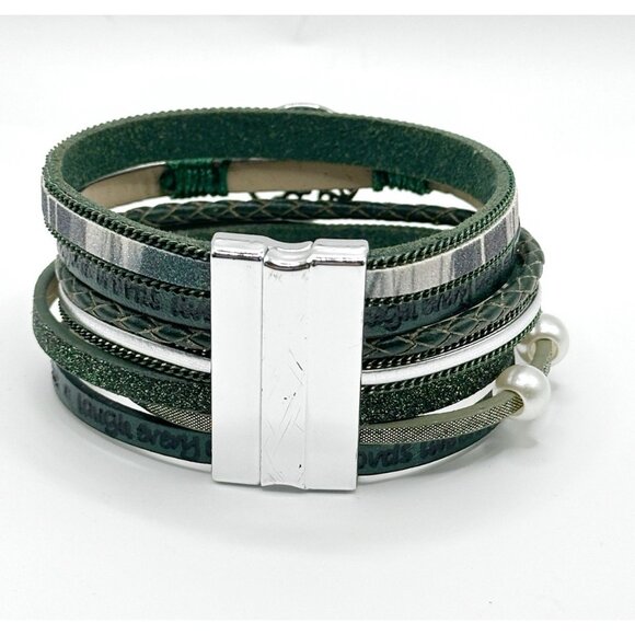 Greens Leather Wrap Bracelet Charm Pearl Magnet Buckle Bracelet Tree Of Life - Picture 2 of 5